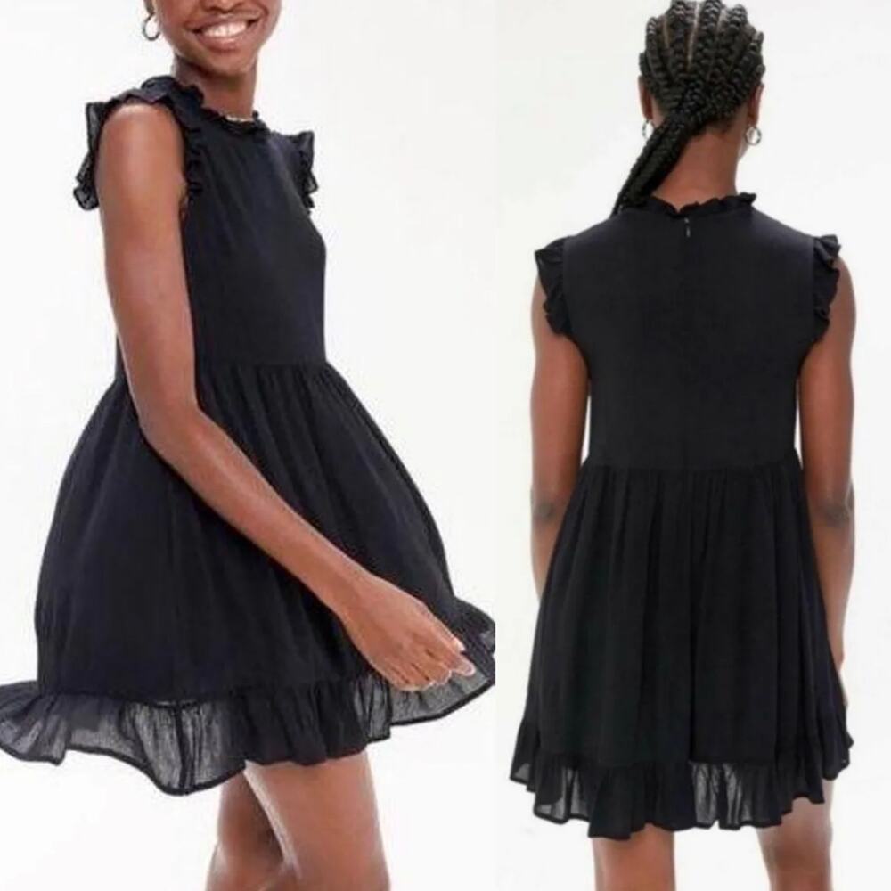 Urban Outfitters Gabby Mini Dress Sleeveless Ruffle Trim Babydoll Black Medium